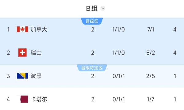 专业配资查询门户 出线形势大好！B组积分榜：加拿大、瑞士4分，波黑、卡塔尔1分
